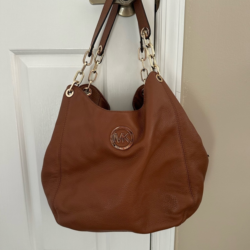 Michael Kors Brown Leather Hobo Shoulder Bag with Chain Details
